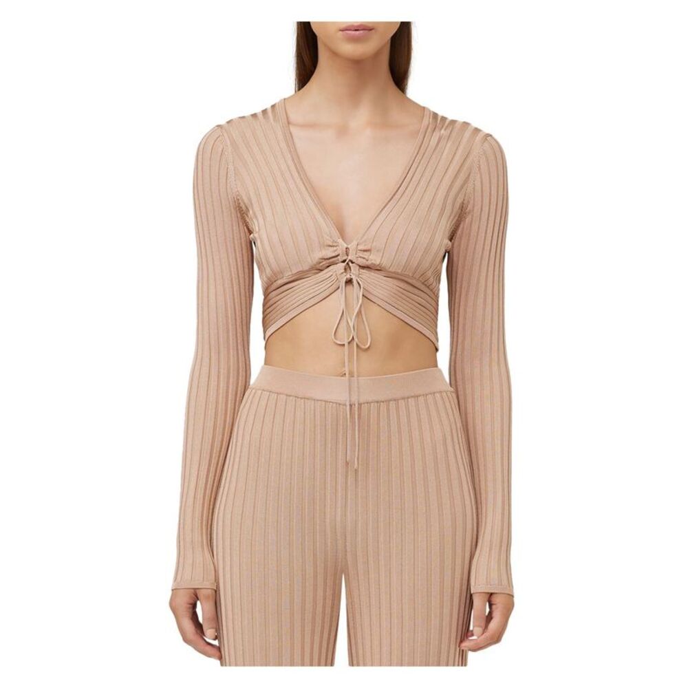 SIGNIFICANT OTHER Womens Beige Center Tie Long Sleeve Crop Top 6